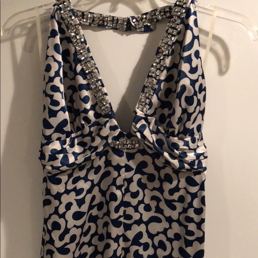 new Halter jewel studded navy/white paisley gown